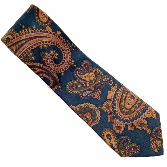 VINTAGE Teal Paisley Italian Silk Tie - Picture 2 of 11